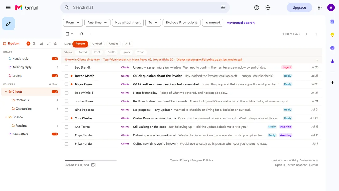 Email Elysium's nested folder tree in Gmail's sidebar, with Clients, Contracts, Onboarding, Finance and Newsletters folders, unread counts, and each email tagged with its folder